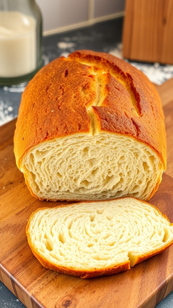 A loaf of Dutch Tiger Bread with a crackled crust and soft interior, displayed on a wooden board.